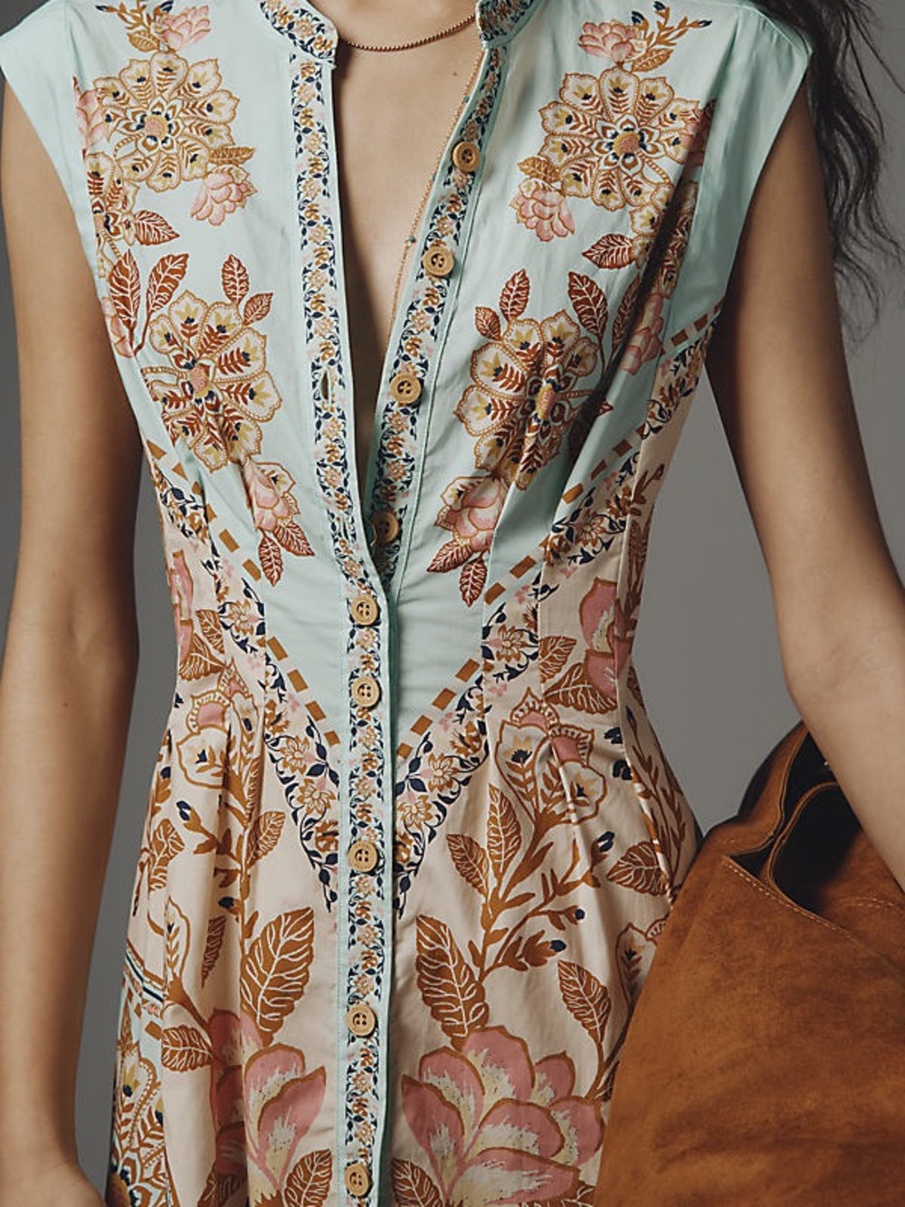 FARM Rio for Anthropologie Mint and Tan Floral Mini Dress